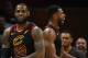 CLEVELAND, OH - APRIL 29: LeBron James #23 and Tristan Thompson #13 of the Cleveland Cavaliers react to a second half play while playing the Indiana Pacers in Game Seven of the Eastern Conference Quarterfinals during the 2018 NBA Playoffs at Quicken Loans