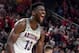 LAS VEGAS, NV - MARCH 10: Deandre Ayton #13 of the Arizona Wildcats reacts after dunking against the USC Trojans during the championship game of the Pac-12 basketball tournament at T-Mobile Arena on March 10, 2018 in Las Vegas, Nevada. The Wildcats won 7