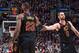 CLEVELAND, OH - APRIL 18: LeBron James #23 of the Cleveland Cavaliers and Kevin Love #0 of the Cleveland Cavaliers high-five during the game against the Indiana Pacers in Game Two of Round One during the 2018 NBA Playoffs on April 18, 2018 at Quicken Loan