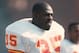 LOS ANGELES, CA - NOVEMBER 25: Christian Okoye #35 of the Kansas City Chiefs looks on against the Los Angeles Raiders during an NFL football game November 25, 1990 at the Los Angeles Memorial Coliseum in Los Angeles, California. Okoye played for the Chie