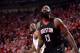 HOUSTON, TX - MAY 14: James Harden #13 of the Houston Rockets looks on during the game against the Golden State Warriors in Game One of the Western Conference Finals of the 2018 NBA Playoffs on May 14, 2018 at the Toyota Center in Houston, Texas. NOTE TO