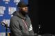 BOSTON, MA - MAY 15: LeBron James #23 of the Cleveland Cavaliers speaks to the media after Game Two of the Eastern Conference Finals against the Boston Celtics during the 2018 NBA Playoffs on May 15, 2018 at the TD Garden in Boston, Massachusetts. NOTE TO