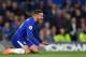 Chelsea's Belgian midfielder Eden Hazard reacts after a challenge during the English Premier League football match between Chelsea and Huddersfield Town at Stamford Bridge in London on May 9, 2018. (Photo by Ben STANSALL / AFP) / RESTRICTED TO EDITORIAL U
