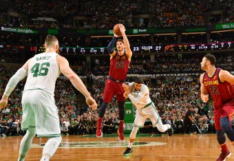 BOSTON, MA - MAY 15: Kyle Korver #26 of the Cleveland Cavaliers shoots the ball against the Boston Celtics during Game Two of the Eastern Conference Finals of the 2018 NBA Playoffs on May 15, 2018 at the TD Garden in Boston, Massachusetts. NOTE TO USER: U