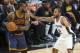 SAN ANTONIO, TX - MARCH 27: LeBron James #23 of the Cleveland Cavaliers handles the ball against Kawhi Leonard #2 of the San Antonio Spurs on March 27, 2017 at the AT&T Center in San Antonio, Texas. NOTE TO USER: User expressly acknowledges and agrees th