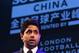 Paris Saint-Germain F.C. President Nasser Al-Khelaifi speaks during the launch of a strategic partnership between PSG and China's Desports, at the Soccerex China convention in Zhuhai, in China's southern Guangdong province on April 18, 2018. / AFP PHOTO /