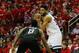 HOUSTON, TX - APRIL 25: Karl-Anthony Towns #32 of the Minnesota Timberwolves controls the ball defended by James Harden #13 of the Houston Rockets in the second half during Game Five of the first round of the 2018 NBA Playoffs at Toyota Center on April 2