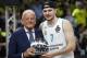 BELGRADE, SERBIA - MAY 20: Luka Doncic (R) of Real Madrid receive MVP award from Dusan Ivkovic (L) after the Turkish Airlines Euroleague Final Four Belgrade 2018 Final match between Real Madrid and Fenerbahce Istanbul Dogus at Stark Arena on May 20, 2018