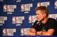 OAKLAND, CA - MAY 22: Steve Kerr of the Golden State Warriors talks to the media after the game against the Houston Rockets in Game Four of the Western Conference Finals of the 2018 NBA Playoffs on May 22, 2018 at ORACLE Arena in Oakland, California. NOT