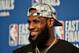 CLEVELAND, OH - MAY 25: LeBron James #23 of the Cleveland Cavaliers talks to the media after the game against the Boston Celtics in Game Six of the Eastern Conference Finals of the 2018 NBA Playoffs on May 25, 2018 at Quicken Loans Arena in Cleveland, Oh