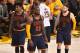OAKLAND,CA - JUNE 7: LeBron James #23 , Iman Shumpert #4 and Matthew Dellavedova #8 of the Cleveland Cavaliers look on against the Golden State Warriors at the Oracle Arena During Game Two of the 2015 NBA Finals on June 7, 2015 in Oakland,California NOTE