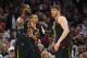 CLEVELAND, OH - MAY 05: LeBron James #23 of the Cleveland Cavaliers celebrates a first half basket with Kyle Korver #26 while playing the Toronto Raptors in Game Three of the Eastern Conference Semifinals during the 2018 NBA Playoffs at Quicken Loans Are