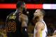 OAKLAND, CA - May 31: Stephen Curry # 30 Golden State Warriors exchanges words with LeBron James # 23 Cleveland Cavaliers in overtime during Game 1 of the 2018 NBA Finals at ORACLE Arena on May 31 of 2018 in Oakland, California. NOTE TO USER: U