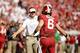 NORMAN, OK - OCTOBER 07: Head Coach Lincoln Riley congratulates quarterback Baker Mayfield #6 of the Oklahoma Sooners after a touchdown against the Iowa State Cyclones at Gaylord Family Oklahoma Memorial Stadium on October 7, 2017 in Norman, Oklahoma. Iow