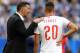 SAMARA, RUSSIA - JUNE 17: Mladen Krstajic, Head coach of Serbia issues intructions to Sergej Milinkovic-Savic during the 2018 FIFA World Cup Russia group E match between Costa Rica and Serbia at Samara Arena on June 17, 2018 in Samara, Russia. (Photo by