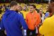 OAKLAND, CA - MAY 8: Stephen Curry #30 of the Golden State Warriors and Trae Young shake hands before Game Five of the Western Conference Semifinals against the New Orleans Pelicans during the 2018 NBA Playoffs on May 8, 2018 at ORACLE Arena in Oakland, C