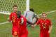 TOPSHOT - Belgium's forward Romelu Lukaku (2nd-L) celebrates his first goal, his team's second, with Belgium's forward Dries Mertens (R) and Belgium's forward Eden Hazard (L) during the Russia 2018 World Cup Group G football match between Belgium and Pana