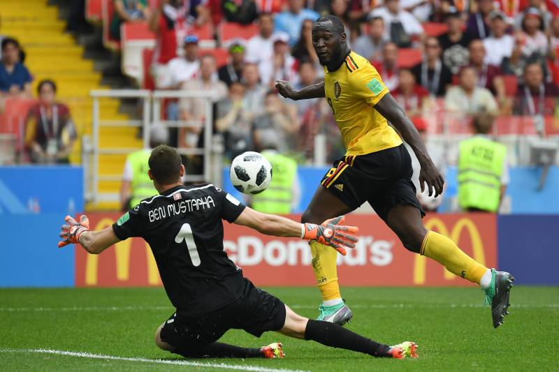 Belgium's forward Romelu Lukaku scores a goal during the Russia 2018 World Cup Group G football match between Belgium and Tunisia at the Spartak Stadium in Moscow on June 23, 2018. (Photo by Kirill KUDRYAVTSEV / AFP) / RESTRICTED TO EDITORIAL USE - NO MOB