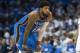  OKLAHOMA CITY, OK - APRIL 25: Paul George # 13 of Oklahoma City Thunder looks at the action against the l 39; Utah Jazz during the West Conference playoff game 5 at the Chesapeake Energy Arena on April 25, 2018 in Oklahoma City, Oklahoma. NOTE TO THE USER: We 
