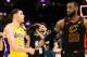   CLEVELAND, OH - DECEMBER 14: Lonzo Ball # 2 of the Los Angeles Lakers shakes hands with LeBron James # 23 of the Cleveland Cavaliers after the game at Quicken Loans Arena on December 14, 2017 in Cleveland, Ohio. The Cavaliers beat the Lakers 121-112. 