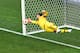 France's goalkeeper Hugo Lloris dives to make a save during the Russia 2018 World Cup quarter-final football match between Uruguay and France at the Nizhny Novgorod Stadium in Nizhny Novgorod on July 6, 2018. (Photo by Johannes EISELE / AFP) (Photo