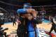 OKLAHOMA CITY, OK - FEBRUARY 13: LeBron James #23 of the Cleveland Cavaliers and Carmelo Anthony #7 of the Oklahoma City Thunder hug after the game on February 13, 2018 at Chesapeake Energy Arena in Oklahoma City, Oklahoma. NOTE TO USER: User expressly ac