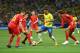KAZAN, RUSSIA - JULY 06: Neymar Jr of Brazil challenge for the ball with Thomas Meunier, Axel Witsel and Marouane Fellaini of Belgium during the 2018 FIFA World Cup Russia Quarter Final match between Brazil and Belgium at Kazan Arena on July 6, 2018 in K