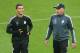   Real Madrid Portuguese striker Cristiano Ronaldo (L) and Real Madrid coach Carlo Ancelotti attend a training session on the eve of the League of Nations semi-final match UEFA Champions League Juventus vs. Real Madrid on May 4, 2015 at Juventus Stad 