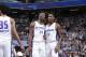 SACRAMENTO, CA - JULY 3: Harry Giles III #20 and Nigel Hayes #40 of the Sacramento Kings speak during the game against the Golden State Warriors on July 3, 2018 at Golden 1 Center in Sacramento, California. NOTE TO USER: User expressly acknowledges and ag