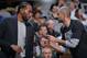 SAN ANTONIO, TX - FEBRUARY 28: Kawhi Leonard #2 of the San Antonio Spurs talks with Tony Parker #9 of the San Antonio Spurs during the game against the New Orleans Pelicans on February 28, 2018 at the AT&T Center in San Antonio, Texas. NOTE TO USER: User