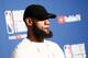 CLEVELAND, CA - JUN 8: LeBron James #23 of the Cleveland Cavaliers talks to the media after being defeated by the Golden State Warriors in Game Four of the 2018 NBA Finals won 108-85 by the Golden State Warriors over the Cleveland Cavaliers at the Quicke