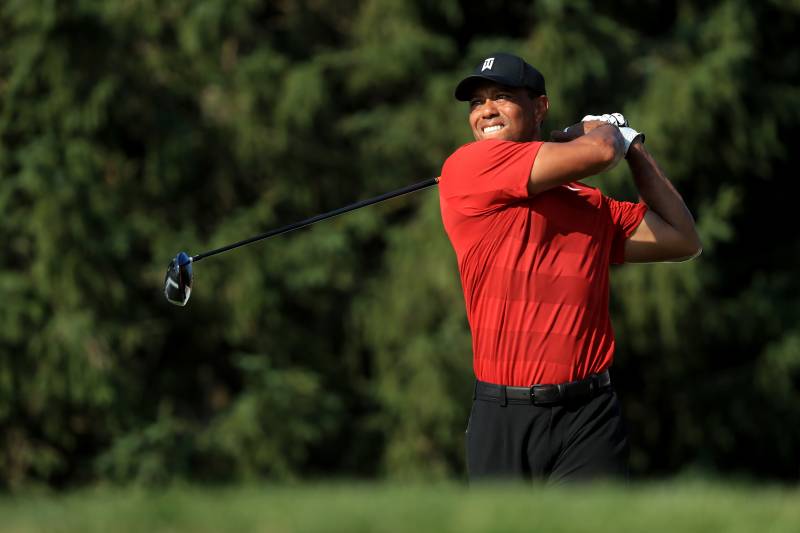 POTOMAC, MD - JULY 01: Tiger Woods smiles on the 18th green during the final round of the Quicken Loans National at TPC Potomac on July 1, 2018 in Potomac, Maryland. (Photo by Sam Greenwood/Getty Images)