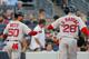 NEW YORK, NY - JUNE 30: Mookie Betts #50 and J.D. Martinez #28 of the Boston Red Sox in action against the New York Yankees at Yankee Stadium on June 30, 2018 in the Bronx borough of New York City. The Red Sox defeated the Yankees 11-0. (Photo by Jim Mc