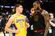 CLEVELAND, OH - DECEMBER 14: Lonzo Ball #2 of the Los Angeles Lakers listens to LeBron James #23 of the Cleveland Cavaliers after the game at Quicken Loans Arena on December 14, 2017 in Cleveland, Ohio. The Cavaliers defeated the Lakers 121-112. NOTE TO U