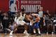 LAS VEGAS, NV - JULY 12: Kevin Knox #20 of the New York Knicks handles the ball against Hassan Martin #63 of the Boston Celtics during the 2018 Las Vegas Summer League on July 12, 2018 at the Thomas & Mack Center in Las Vegas, Nevada. NOTE TO USER: User