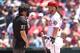 WASHINGTON, DC - JULY 08: Bryce Harper #34 of the Washington Nationals has words with umpire Jim Reynolds after getting looking on a third strike during a baseball game against the Miami Marlins at Nationals Park on July 8, 2018 in Washington, DC. (Phot