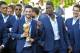PARIS, FRANCE - JULY 16: France Captain Hugo Lloris and Paul Pogba react as he holds the trophy as French President Emmanuel Macron receives the France football team during a ceremony at the Elysee Palace on July 16, 2018 in Paris, France. France beat C