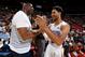LAS VEAGS, NV - JULY 17: Josh Hart #5 and Magic Johnson President of Basketball Operations of the Los Angeles Lakers talk before the game against the Portland Trail Blazers during the 2018 Las Vegas Summer League on July 17, 2018 at the Thomas & Mack Cent