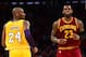 LOS ANGELES, CA - MARCH 10: LeBron James #23 of the Cleveland Cavaliers and Kobe Bryant #24 of the Los Angeles Lakers match up during the first half at Staples Center on March 10, 2016 in Los Angeles, California. NOTE TO USER: User expressly acknowledge
