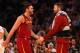 NEW YORK, NY - APRIL 09: Larry Nance Jr. #22 and Kevin Love #0 of the Cleveland Cavaliers react in the first half against the New York Knicks at Madison Square Garden on April 9, 2018 in New York City. NOTE TO USER: User expressly acknowledges and agrees