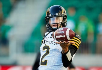 REGINA, SK - JULY 05:  Johnny Manziel #2 of the Hamilton Tiger-Cats on the field during pregame warmup before the game between the Hamilton Tiger-Cats and Saskatchewan Roughriders at Mosaic Stadium on July 5, 2018 in Regina, Canada. (Photo by Brent Just/G