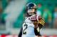 REGINA, SK - JULY 05: Johnny Manziel #2 of the Hamilton Tiger-Cats on the field during pregame warmup before the game between the Hamilton Tiger-Cats and Saskatchewan Roughriders at Mosaic Stadium on July 5, 2018 in Regina, Canada. (Photo by Brent Just/G