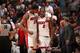 MIAMI, FL - APRIL 3: Hassan Whiteside #21 and Josh Richardson #0 of the Miami Heat during the game against the Atlanta Hawks on April 3, 2018 at American Airlines Arena in Miami, Florida. NOTE TO USER: User expressly acknowledges and agrees that, by downl