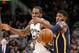 SAN ANTONIO,TX - MARCH 1: Paul George #13 of the Indiana Pacers steals the ball from Kawhi Leonard #2 of the San Antonio Spurs in closing minutes at AT&T Center on March 1, 2017 in San Antonio, Texas. NOTE TO USER: User expressly acknowledges and agrees