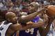 ORLANDO, UNITED STATES: Los Angeles Lakers center Shaquille O'Neal (R) is fouled by Orlando Magic center Don Reid (L) during the second period at the TD Waterhouse Centre 30 January 2002 in Orlando, FL. AFP PHOTO/Tony RANZE (Photo credit should read TONY