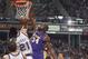 SACRAMENTO, CA - MAY 28: Shaquille O'Neal #34 of the Los Angeles Lakers slam dunks over Vlade Divac #21 of the Sacramento Kings in Game five of the Western Conference Finals during the 2002 NBA Playoffs at Arco Arena in Sacramento, California on May 28,