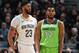 MINNEAPOLIS, MN - FEBRUARY 3: Anthony Davis #23 of the New Orleans Pelicans and Karl-Anthony Towns #32 of the Minnesota Timberwolves look on during the game on February 3, 2018 at Target Center in Minneapolis, Minnesota. NOTE TO USER: User expressly ackno