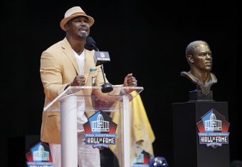 CANTON, OH - AUGUST 04: Brian Dawkins speaks during the 2018 NFL Hall of Fame Enshrinement Ceremony at Tom Benson Hall of Fame Stadium on August 4, 2018 in Canton, Ohio. (Photo by Joe Robbins/Getty Images)