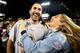 LOS ANGELES, CA - NOVEMBER 01: Justin Verlander #35 of the Houston Astros celebrates with fiancee Kate Upton after the Astros defeated the Los Angeles Dodgers 5-1 in game seven to win the 2017 World Series at Dodger Stadium on November 1, 2017 in Los Ang