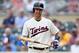 MINNEAPOLIS, MN - AUGUST 01: Joe Mauer #7 of the Minnesota Twins reacts to striking out against the Cleveland Indians during the ninth inning of the game on August 1, 2018 at Target Field in Minneapolis, Minnesota. The Indians defeated the Twins 2-0. (Pho